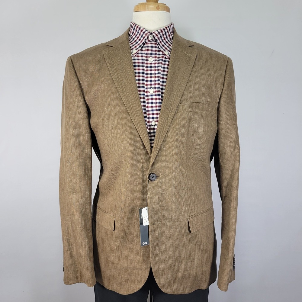H&M Mens Sport Coat Blazer Linen Cotton Blend Brown Herringbone Slim Fit 46R NEW